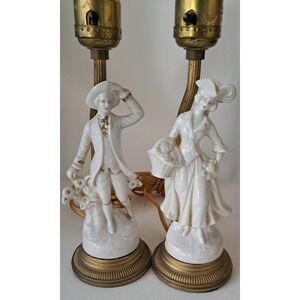 Vintage Victorian Porcelain Man And Woman Figurine Boudoir Table Lamps Set of 2